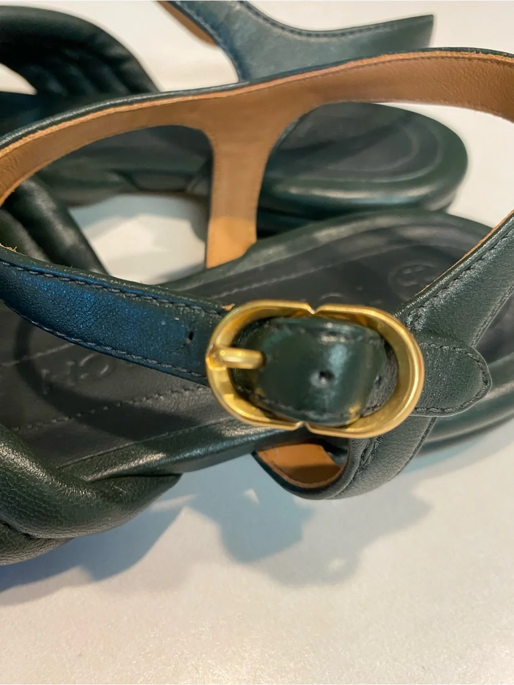 TORY BURCH KIRA QUILTED ANKLE STRAP SANDAL RICH DARK GREEN GOLD HARDWARE SZ 7